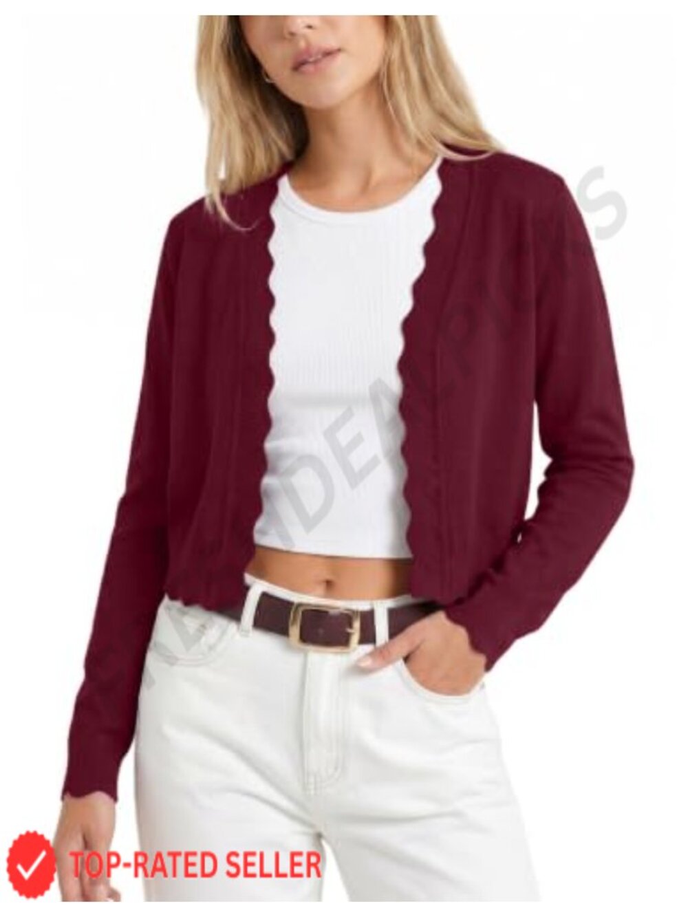 Lightweight Cropped Cardigan Shrug Scalloped Trim V-Neck Long Sleeve